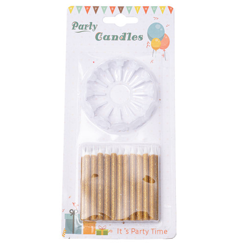 Set of cake candles with stand, gold, pack of 24 pcs.