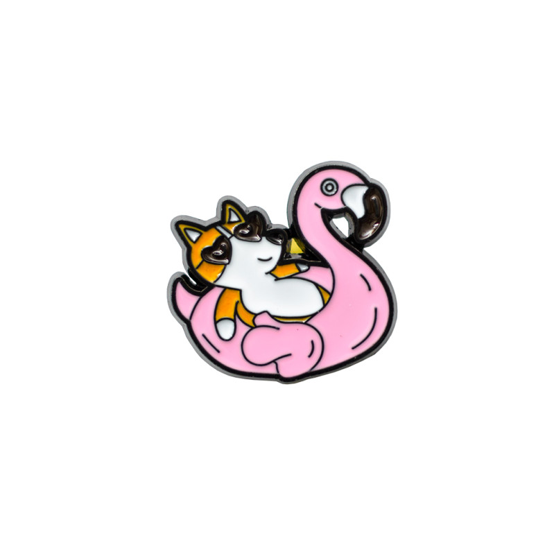 Metal pin badge Corgi on an inflatable flamingo 1 pc.
