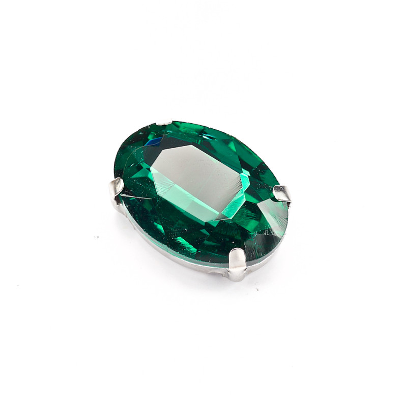 Oval glass rhinestones for sewing in a metal frame 18×13 mm green, pack of 2 pcs.