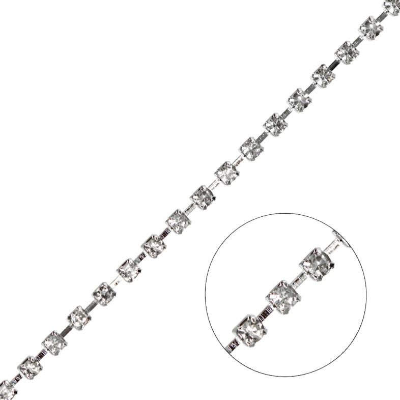 Rhinestone dark steel chain SS6 (1.9 - 2.0 mm) clear crystal 1 meter