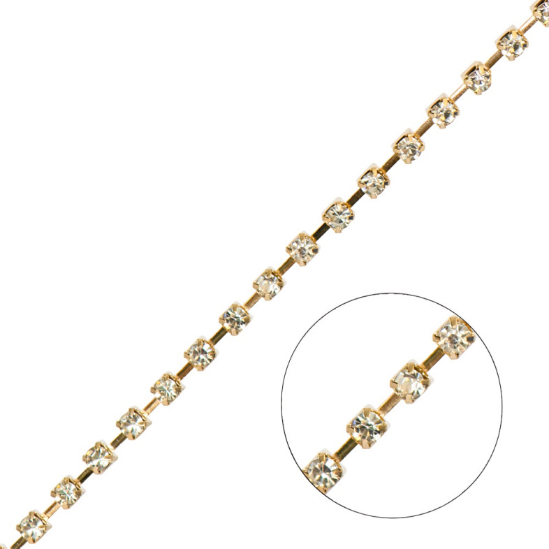 Rhinestone gold chain SS12 (3.0 - 3.2 mm) clear crystal 1 meter