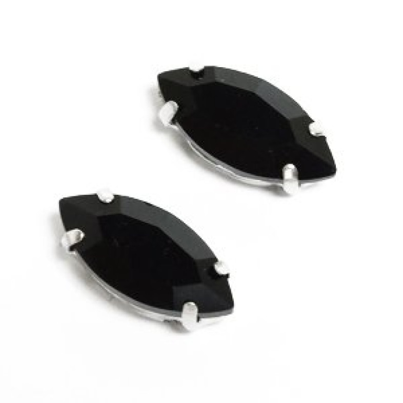 Sew-on glass rhinestones in metal frame 15×7 mm black pack of 2 pcs