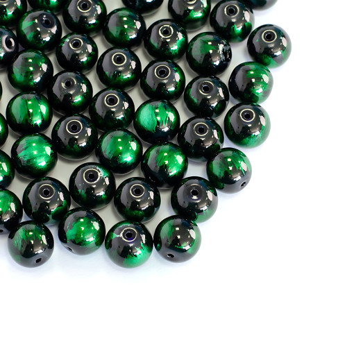 Glass bead with pattern 10 mm black-green 1 pc.