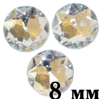 Plastic sew-on rhinestones 8 mm transparent, pack of 15 pcs.