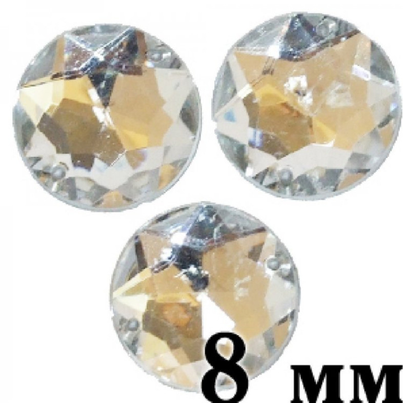 Plastic sew-on rhinestones 8 mm transparent, pack of 15 pcs.