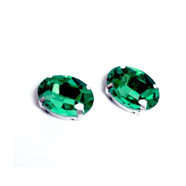 Sew-on glass rhinestones in metal frame 13×10 mm green, pack of 2 pcs.