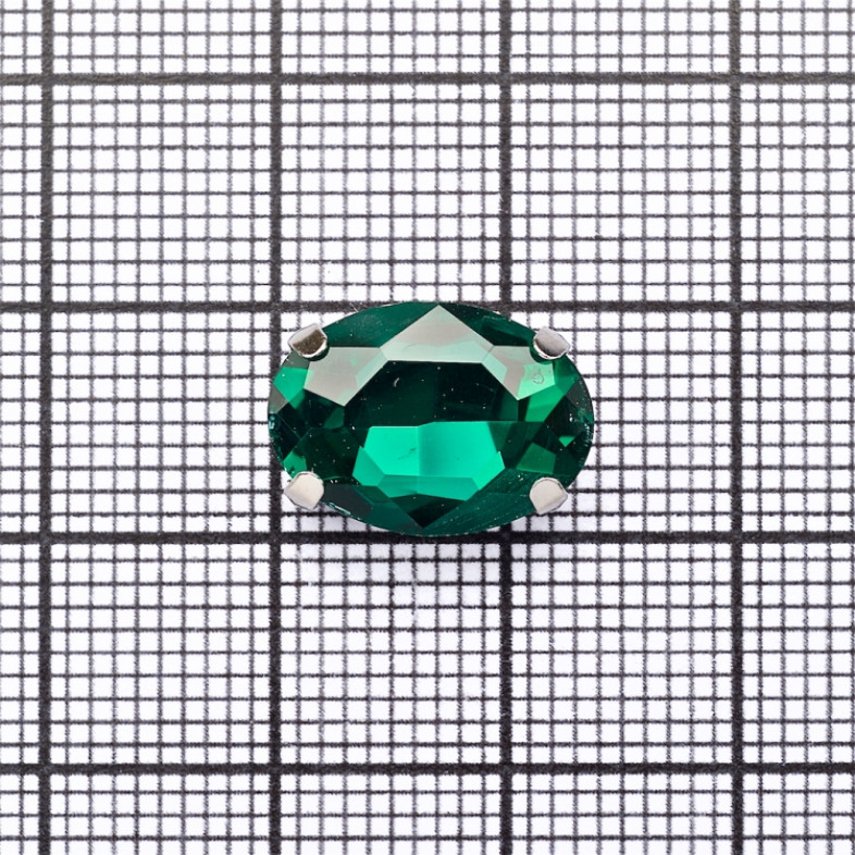 Sew-on glass rhinestones in metal frame 13×10 mm green, pack of 2 pcs.