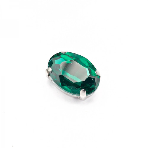 Sew-on glass rhinestones in metal frame 13×10 mm green, pack of 2 pcs.