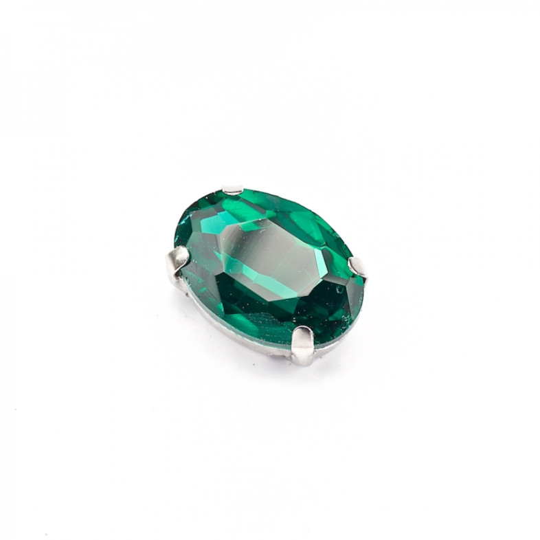 Sew-on glass rhinestones in metal frame 13×10 mm green, pack of 2 pcs.