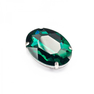 Oval glass rhinestones for sewing in a metal frame 25×18 mm green 1 pc