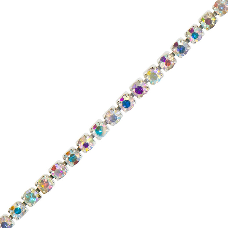 Rhinestone silver chain SS6 (1.9 - 2.0 mm) transparent rainbow crystal 1 meter