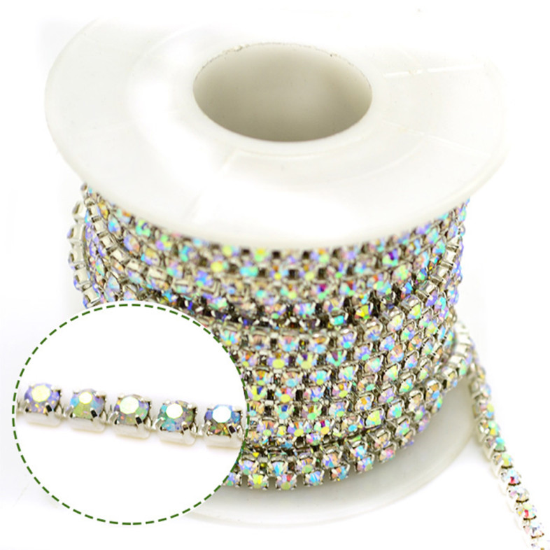 Rhinestone silver chain SS6 (1.9 - 2.0 mm) transparent rainbow crystal 1 meter