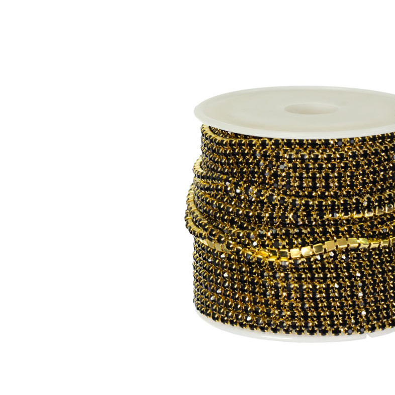 Rhinestone gold chain SS6 (1.9 - 2.0 mm) black crystal 1 meter