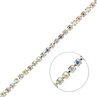 Rhinestone silver chain SS12 (3.0 - 3.2 mm) transparent rainbow crystal 1 meter