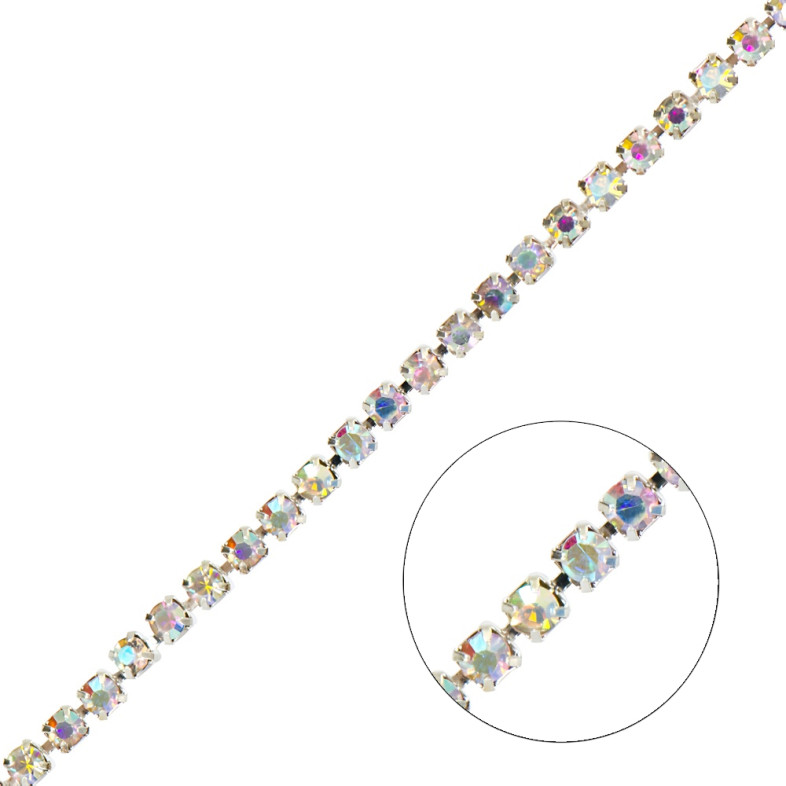 Rhinestone silver chain SS12 (3.0 - 3.2 mm) transparent rainbow crystal 1 meter