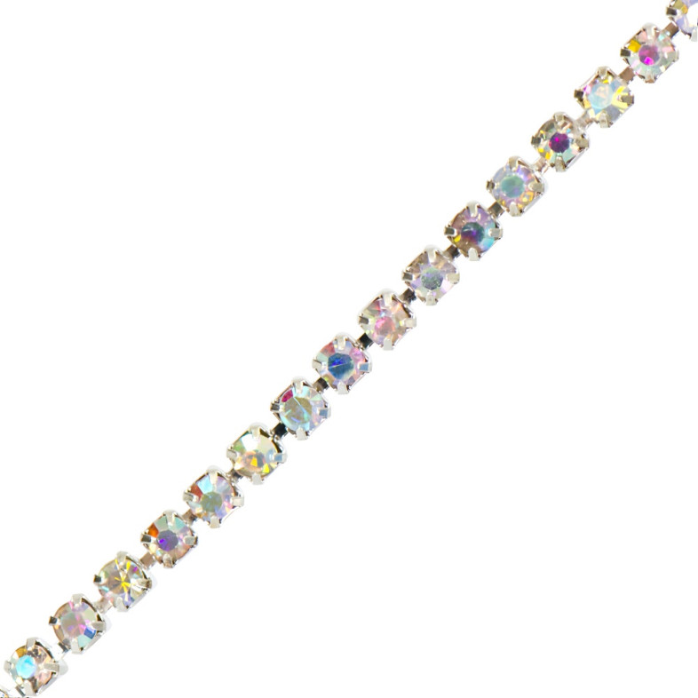 Rhinestone silver chain SS12 (3.0 - 3.2 mm) transparent rainbow crystal 1 meter