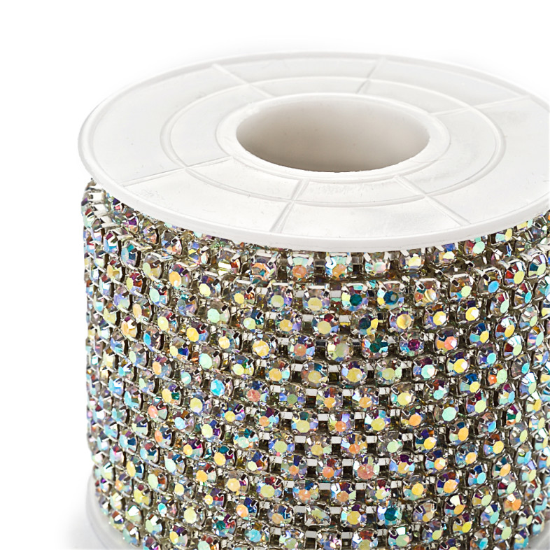 Rhinestone silver chain SS12 (3.0 - 3.2 mm) transparent rainbow crystal 1 meter