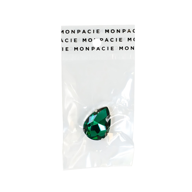 Teardrop-shaped sew-on glass rhinestones in a metal frame 25×18 mm green 1 pc