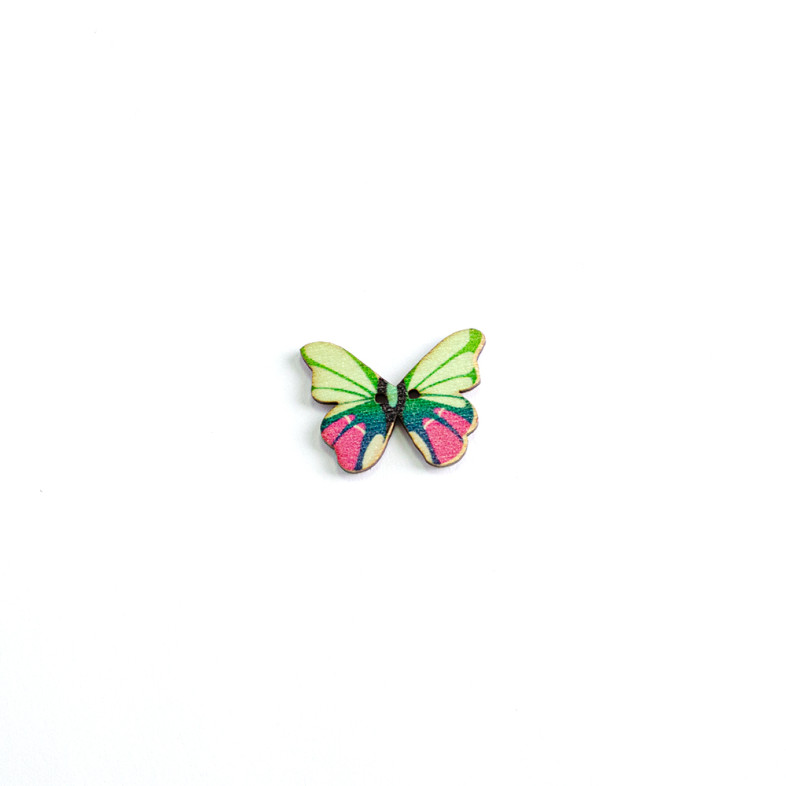 Wooden button Butterfly green-pink 1 pc.