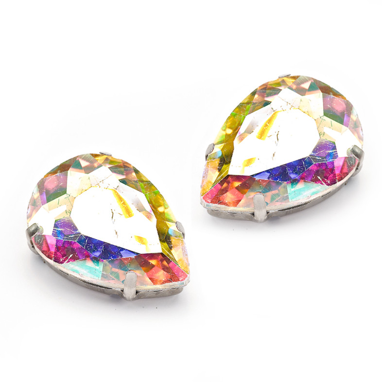 Sew-on glass rhinestones in metal frame 18×13 mm transparent rainbow pack of 2 pcs