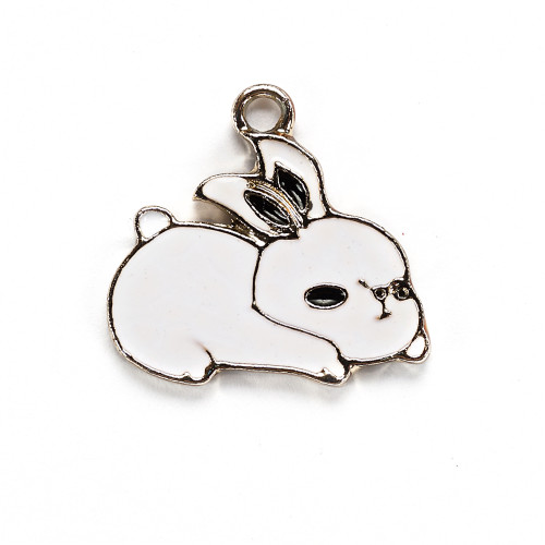 Enameled metal pendant Rabbit white 1 pc.