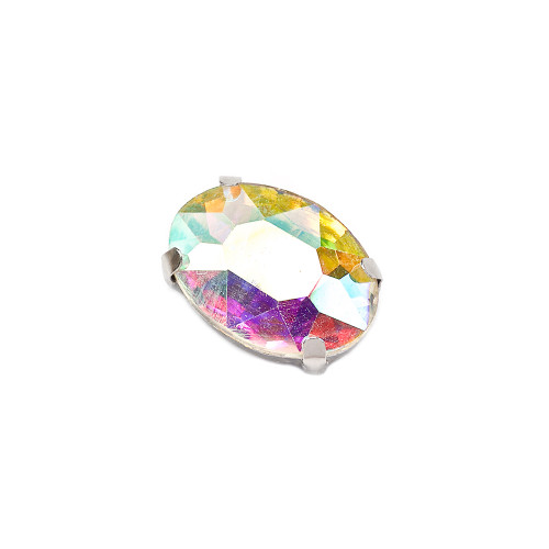 Sew-on glass rhinestones in metal frame 14×10 mm transparent iridescent pack of 2 pcs