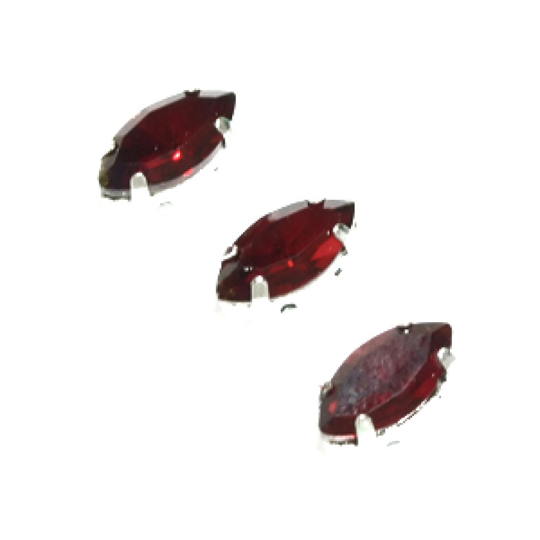 Sew-on glass rhinestones in metal frame 10×5 mm red, pack of 3 pcs.