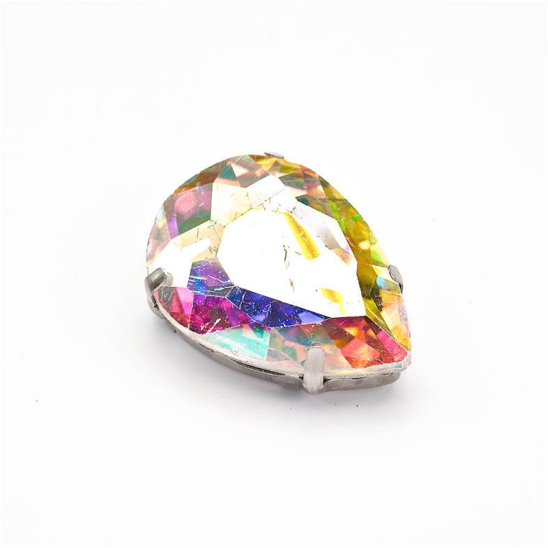 Sew-on glass rhinestones in metal frame 25×18 mm transparent iridescent 1 pc