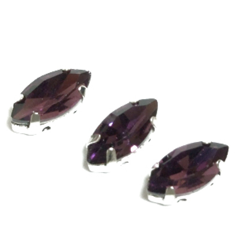 Sew-on glass rhinestones in metal frame 10×5 mm purple pack of 3 pcs