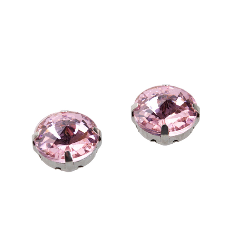 Sew-on glass rhinestones in metal frame 14 mm pink, pack of 2 pcs.