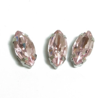 Sew-on glass rhinestones in metal frame 10×5 mm pink, pack of 3 pcs.