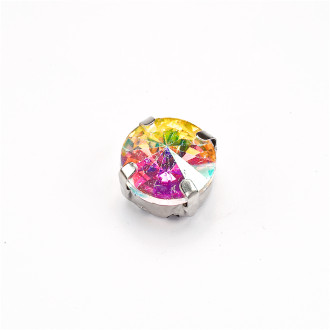 Sew-on glass rhinestones in metal frame 10 mm transparent rainbow pack of 2 pcs