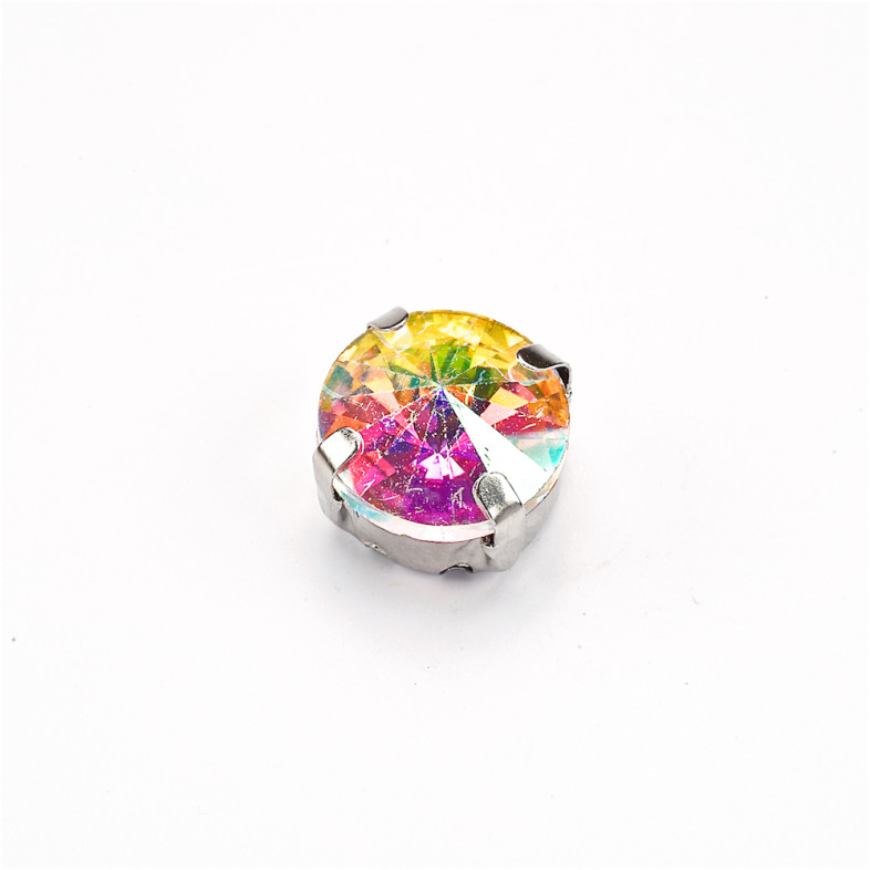 Sew-on glass rhinestones in metal frame 10 mm transparent rainbow pack of 2 pcs