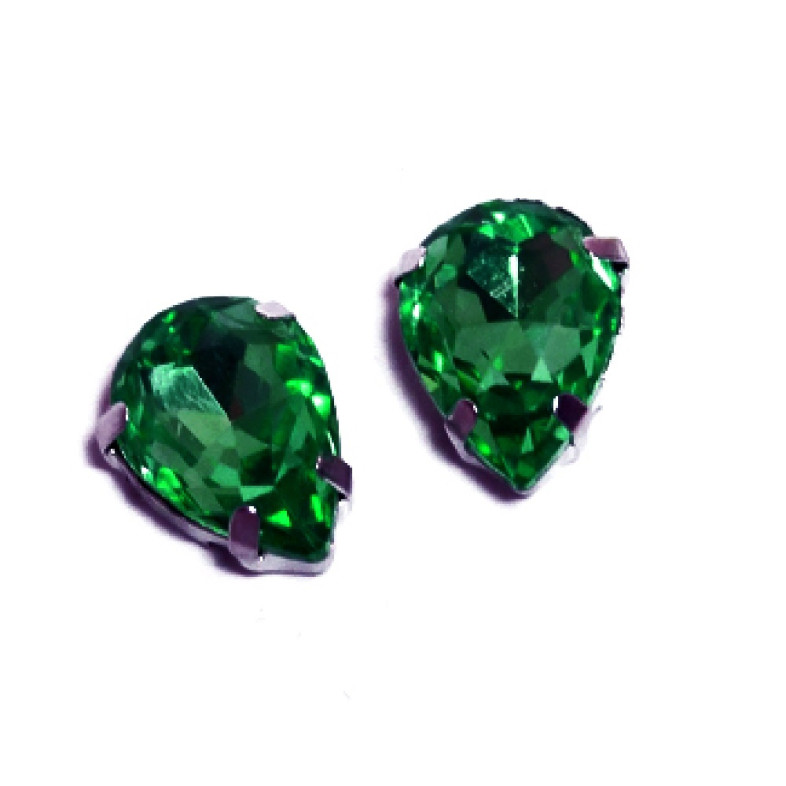 Sew-on glass rhinestones in metal frame 14×10 mm green, pack of 2 pcs.
