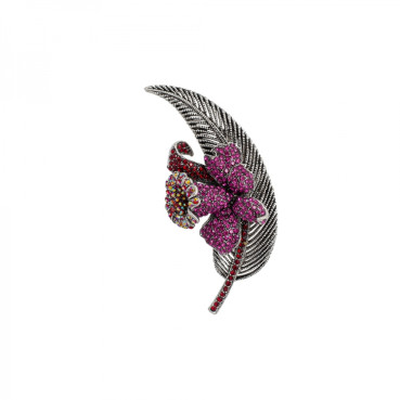 Brooch Leaf with burgundy flower dark steel 1 pc
