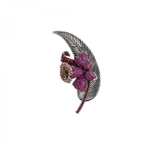 Brooch Leaf with burgundy flower dark steel 1 pc