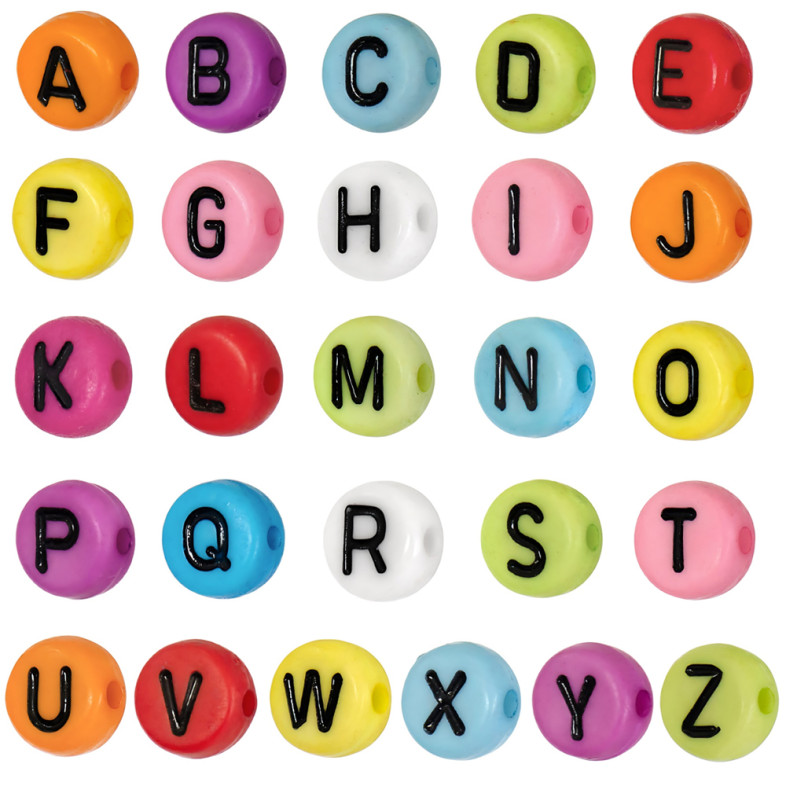 Plastic beads with letters of the English alphabet, round, mix of colors, pack of 26 pcs.