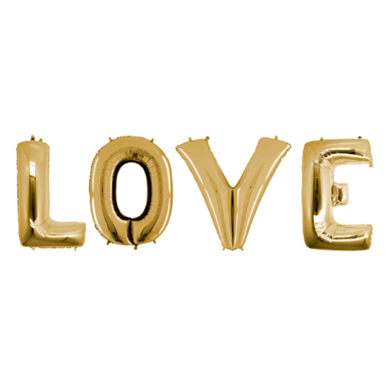 Inflatable balls 40 cm in the shape of the word LOVE, gold, 4 pieces