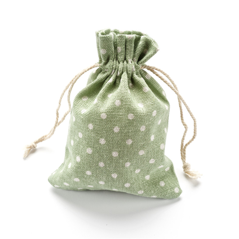 Decorative jute bag 14×10 cm light green with polka dots
