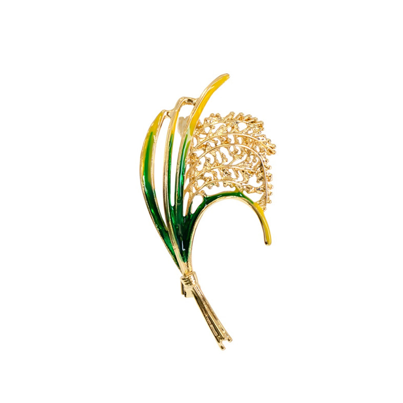 Brooch 5.5×3 cm Branch with leaves golden-green 1 pc