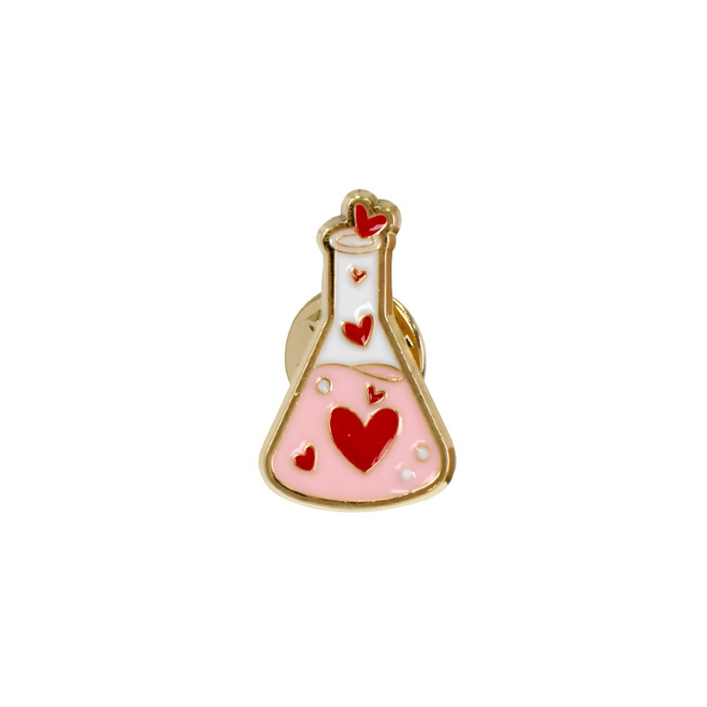 Metal pin badge Flask with hearts pink 1 pc.