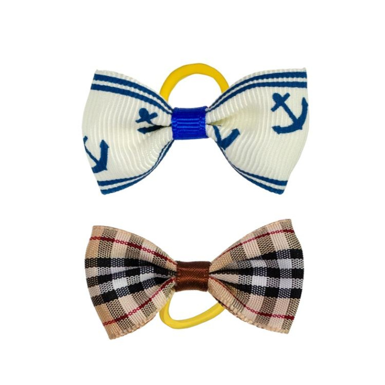 Decorative elastic band 40×20 mm Bow brown checkered and white with anchors (pack of 2 pcs)