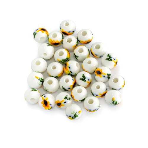 Ceramic bead 8 mm white with sunflower 1 pc.