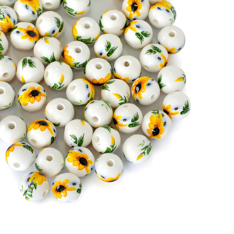 Ceramic bead 10 mm white with sunflower 1 pc.