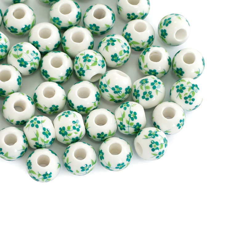 Ceramic bead 10 mm white with green floral pattern 1 pc