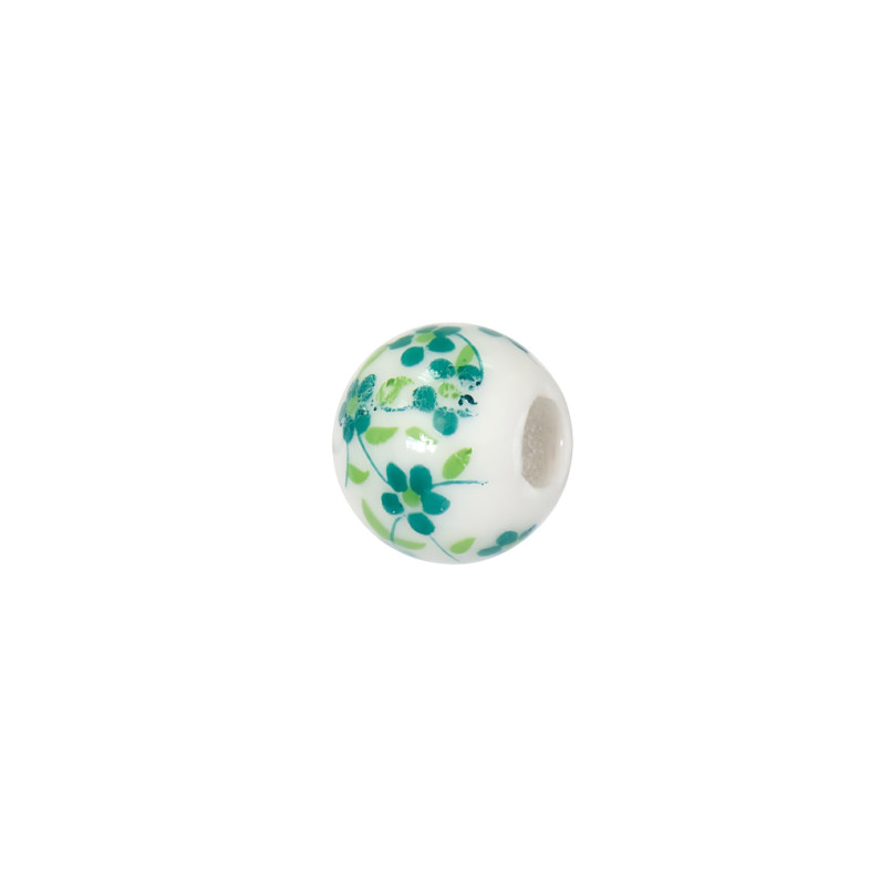 Ceramic bead 10 mm white with green floral pattern 1 pc