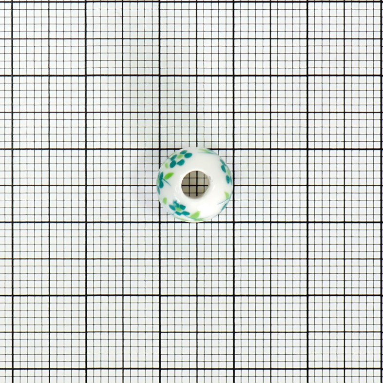 Ceramic bead 10 mm white with green floral pattern 1 pc