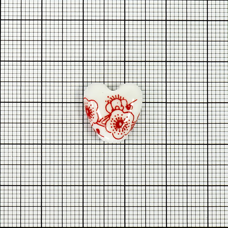 Ceramic bead 15 mm Heart with red flower white 1 pc